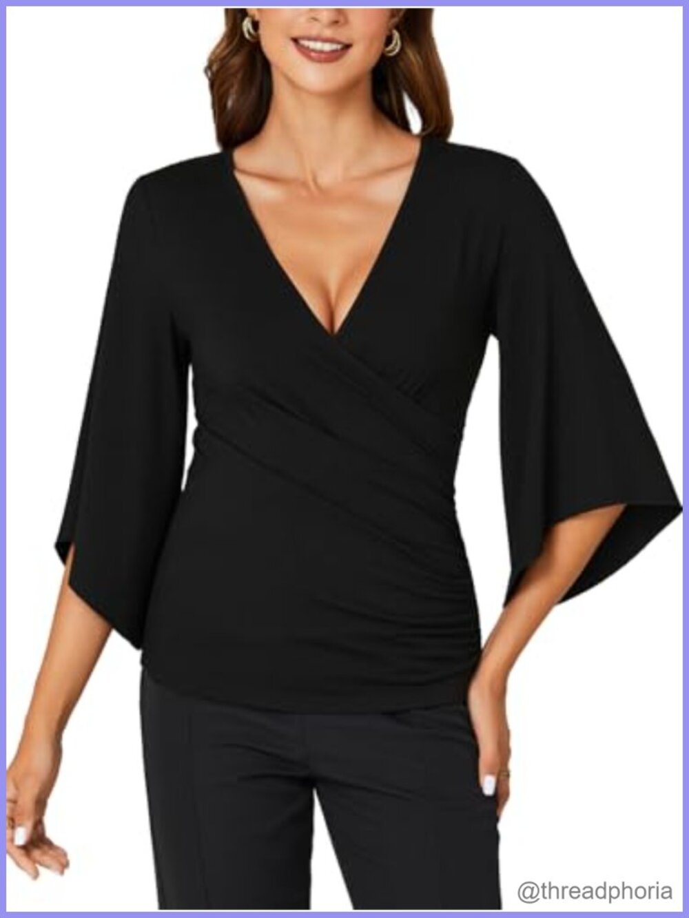 KIFOVEN Women's 3/4 Bell Sleeve Wrap Ruched Tunic Blouse Deep V-Neck Slim Fit